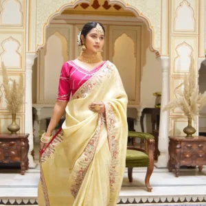 OFF - WHITE CREAMISH SAREE WITH EMBRIODERY WORK