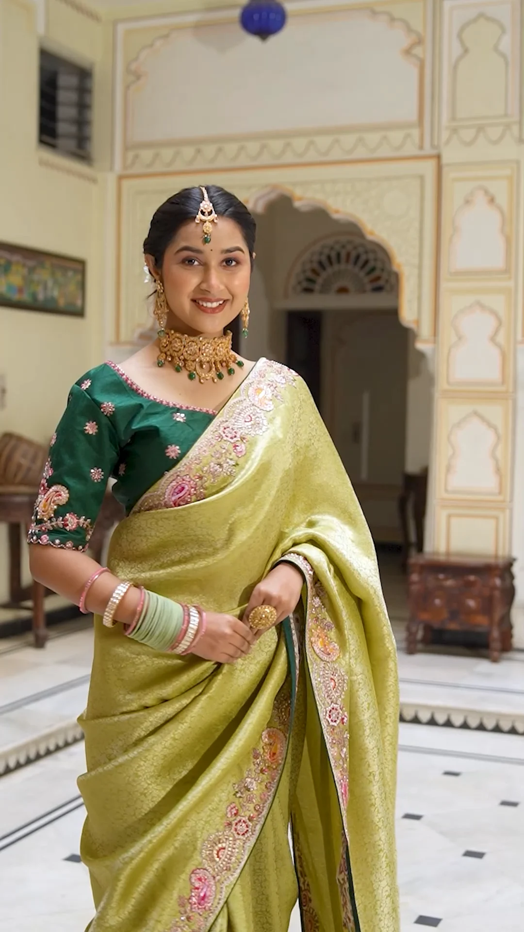 Elegant Olive Green Bridal Embroidered Saree