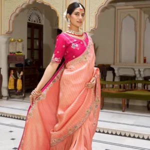 Traditional Peach Pink Wedding Silk Saree with Contrast Blouse