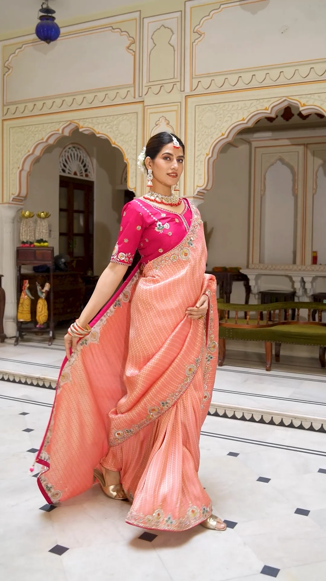 Traditional Peach Pink Wedding Silk Saree with Contrast Blouse