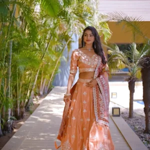 Peach Embroidered Designer Lehenga Choli with Red Bandhani Dupatta