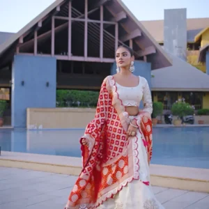 Ivory Viscose Lehenga with Red Banarasi Dupatta