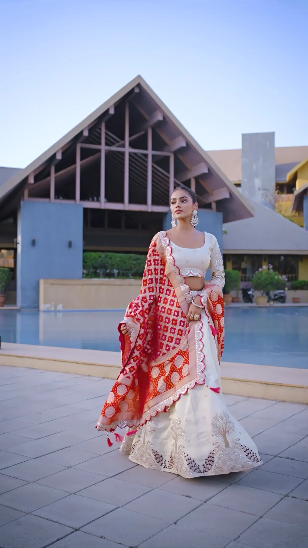 Ivory Viscose Lehenga with Red Banarasi Dupatta