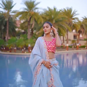 Sky Blue viscose lehenga with hot pink embrodeiry worked blouse