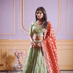 Mint Green Viscose Lehenga with Red Banarasi Dupatta