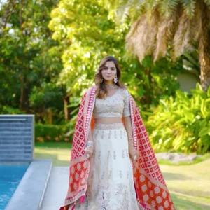 Ivory Mint Viscose Lehenga with Pink Banarasi Dupatta
