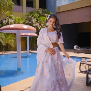 Light Pink Floral Sequin Work Georgette Lehenga