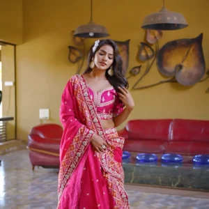 Fuchsia Pink Bandhani Print Embroidered Lehenga Choli with Mirror Work Dupatta