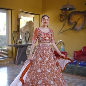 Rust Brown Heavy Embroidered Bridal Lehenga Choli with Soft Net Dupatta