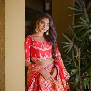 Red Bandhani Print Embroidered Lehenga Choli with Mirror Work Detailing