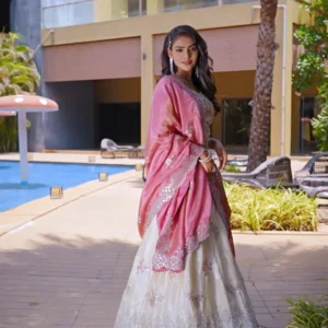 Beige Floral Sequin Work Georgette Lehenga Choli with Pink Embroidered Dupatta