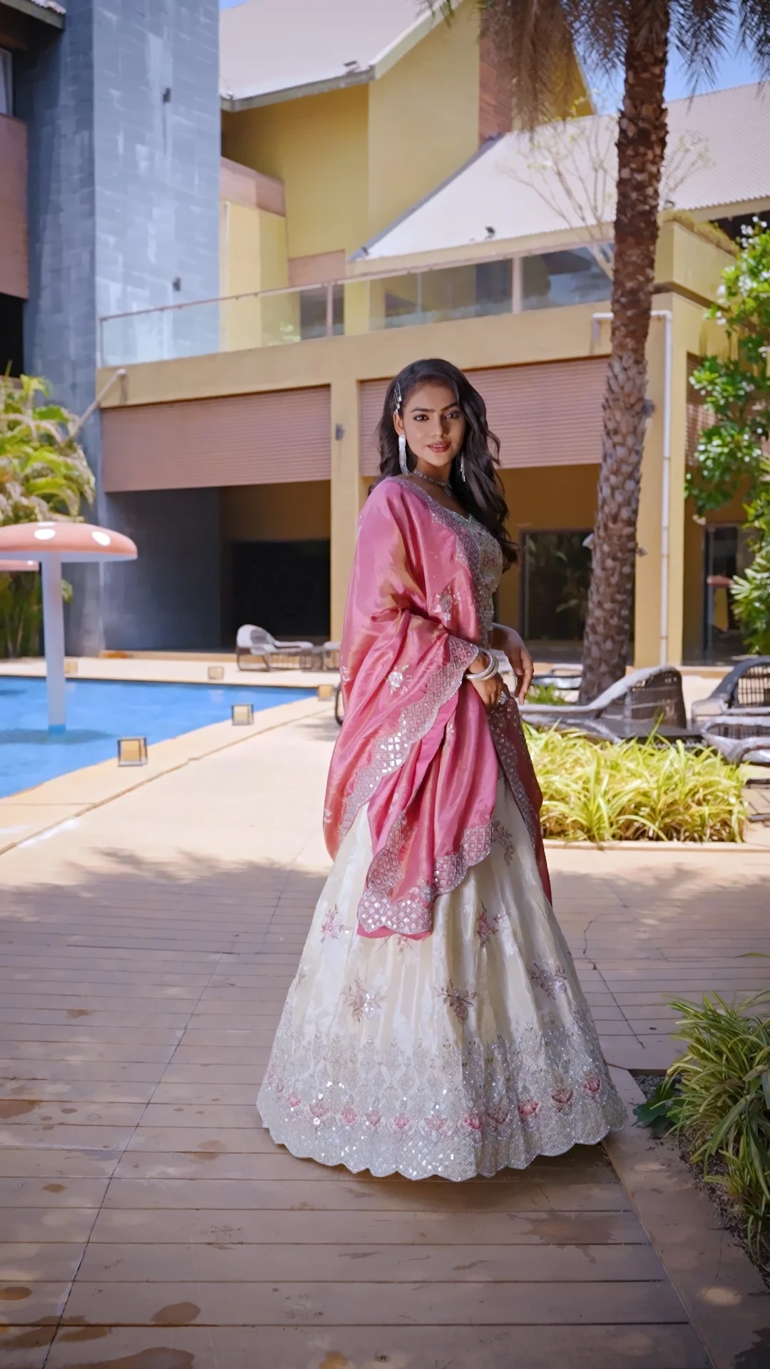 Beige Floral Sequin Work Georgette Lehenga Choli with Pink Embroidered Dupatta