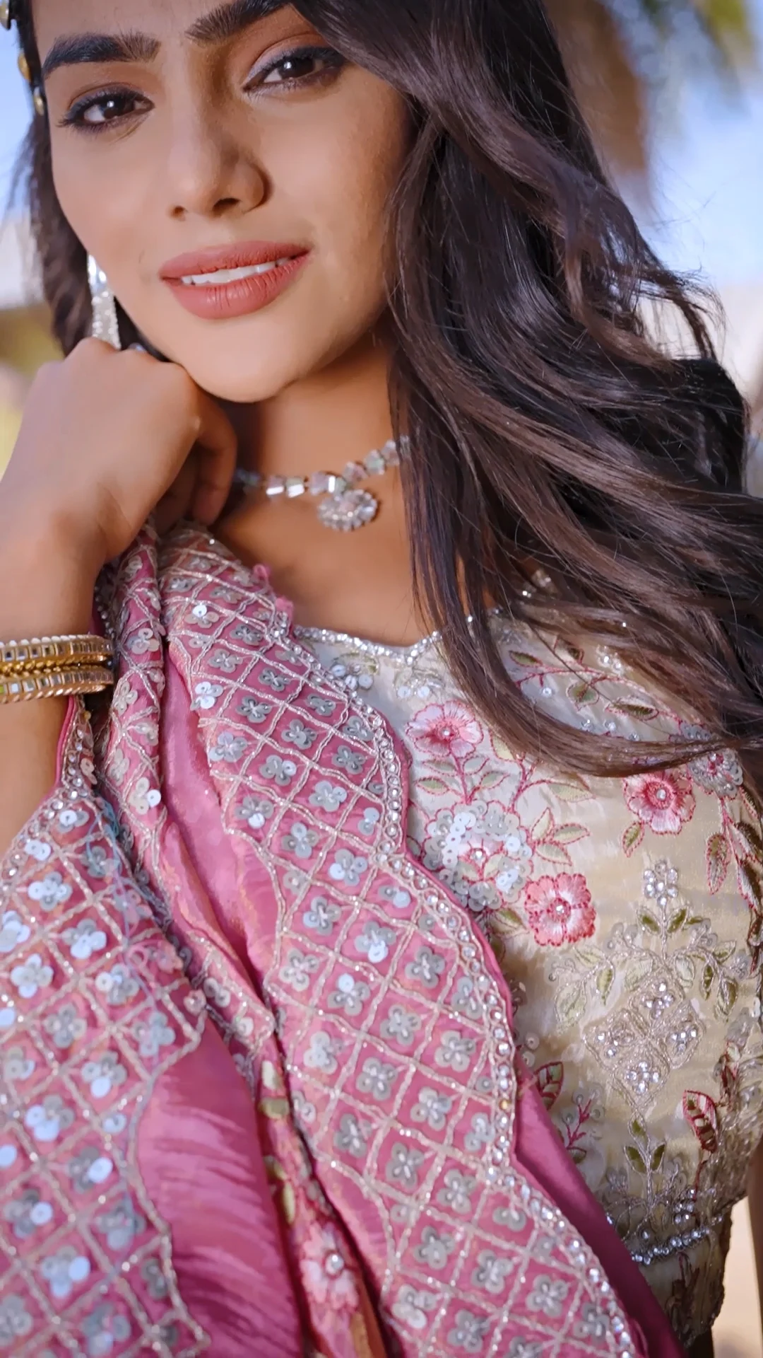 Beige Floral Sequin Work Georgette Lehenga Choli with Pink Embroidered Dupatta - Image 5